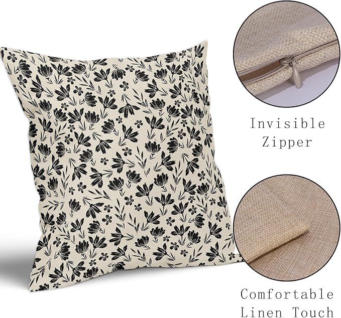 Black Floral Pillow Covers 16x16 Set of 2 Vintage Rustic Old Style Cute Small FlowerBlack Cream Print Decorative Outdoor Pillowcases Farmhouse Throw Cushion Case Decor for Couch Sofa Bed