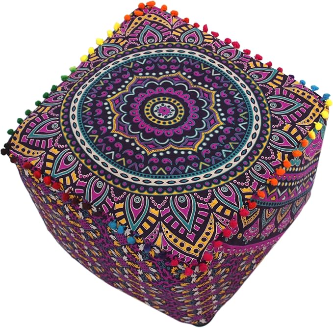 CRAFT KALA Large Hippie Mandala Meditation Floor Ottoman Pillow Cushion Pouf Cover Square Poufs Cover Bohemian Floor Cushion Cover Outdoor Fireplace Living Room Decor 16X16X14 inches, New Pink Ombre