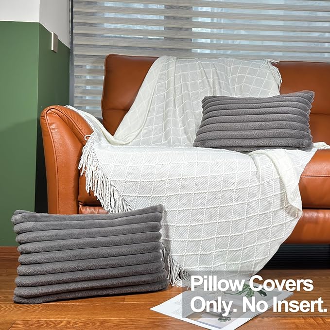 12x20 Throw Pillow Covers Set of 2, Decorative Faux Fur Covers for Bed, Couch Soft Fluffy Pillow Cover with Velvet Back for Living Room, Neutral Home Décor Accent for Sofa - Dark Gray