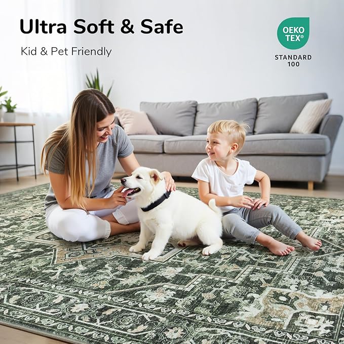 Lessymo 6x9 Area Rugs for Living Room, Green Washable Rug for Dining Room Bedroom Kitchen, Soft Vintage Carpet Non Slip Low Pile Boho Rug Stain Resistant for Nursery Home Office Indoor, Green/Yellow