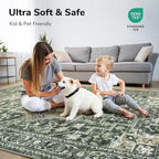 Lessymo Washable 8×10 Green Area Rugs for Living Room, Soft Vintage Boho Rug Non-Slip for Bedroom Dining Room Kitchen, Large Distressed Retro Carpet Stain Resistant for Home Indoor Nursery Office