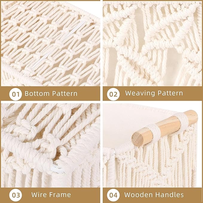 Macrame Storage Boho Decor Basket Set for Organizing - Woven Decorative Countertop, Toilet Paper, Tank Top Shelf With Handle - Bathroom Decor Nursery (Set of 2)