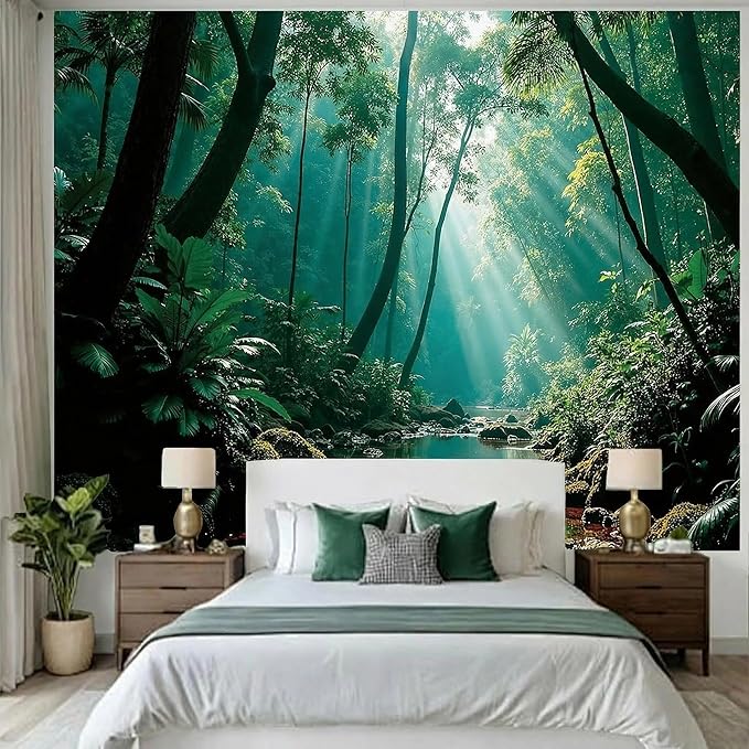 Atrippy Forest Nature Green Tapestry for Bedroom, Misty Landscape Backdrop Wall Hanging Aesthetic, Large Wall Mural Rainforest Stream Tapestries Outdoor Art Decor for Living Room Dorm 60x79 Inches