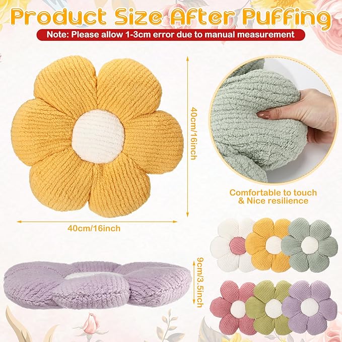 Coume 6 Pcs Flower Floor Pillows - 16 Inch Daisy Throw Pillows Cute Flower Decorative Floor Seat Cushions for Bedroom Home Sofa Chair Couch Decor(White, Pink, Purple, Yellow Green, Dark Green)