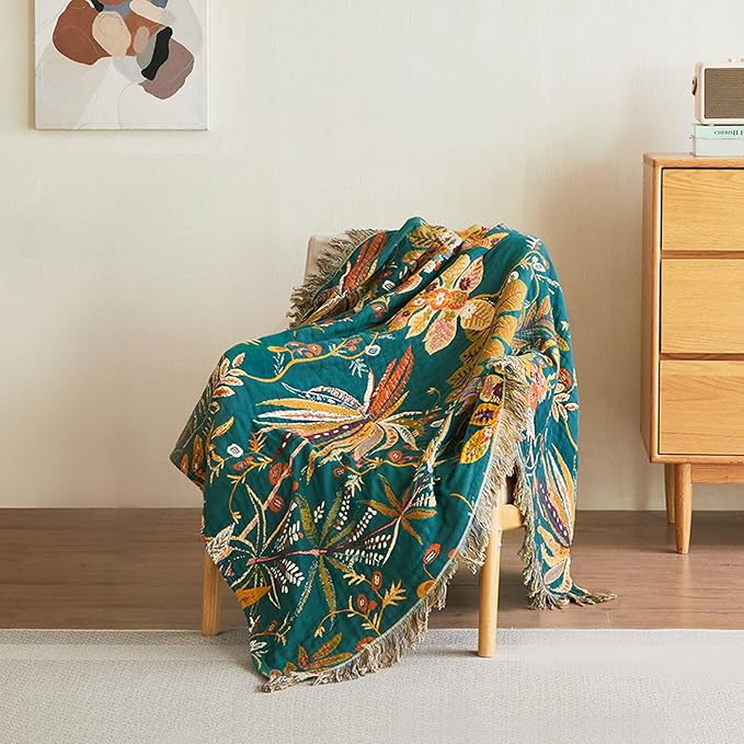 Boho Throw Blanket - 50"x60" Soft Cotton Throw Blanket Muslin Blankets for Bed, Reversible Lightweight Spring Blanket with Floral Printed, All Season Farmhouse Decor Rustic Blanket