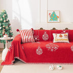 hyha Couch Cover for Dogs, Boho Sofa Covers for 3 Cushion Couch Washable, Chenille Sofa Slipcover for Pets, Soft Loveseat Sectional Couch Throw Blankets with Tassels (Red Snowflakes, 71x134 Inch)
