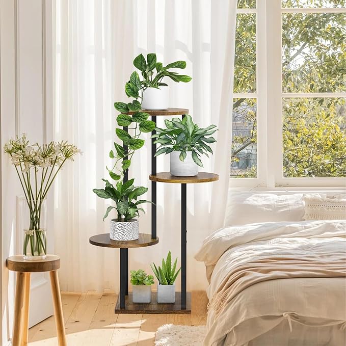 4 Tier Plant Stand Indoor, Metal Wooden Tall Plant Shelf Flower Pot Stand for Multiple Plants, Corner Flower Holder Plant Display Rack for Living Room Balcony Patio Garden (Rustic Brown)