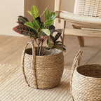 Versatile Rattan Grass Woven Flower Basket Planter For Living Room Floor Standing Storage Balcony Garden Decoration Sea Grass Basket With Handle Decorative For Organizing Natural Grass Basket And