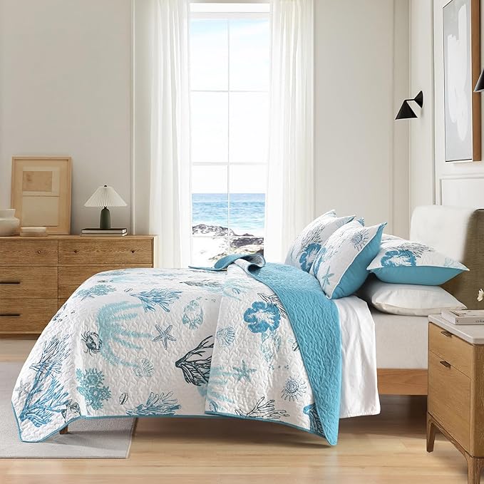 HORIMOTE HOME Coastal Quilt Bedding Set King Size, Reversible Blue Summer Beach Quilt Lightweight Ocean Nautical Comforter Tropical Bedspread Coverlet with 2 Pillow Shams for All Seasons (106"x96")