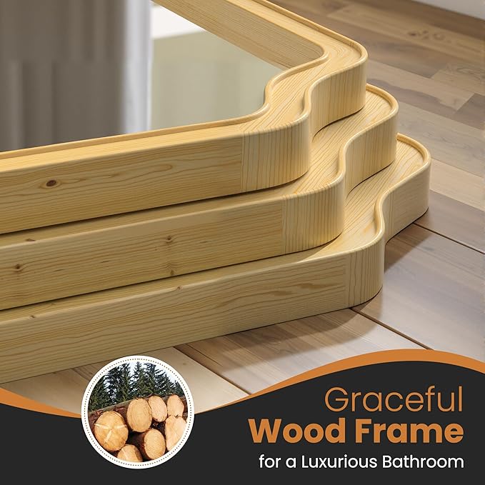 Wooden Bathroom Mirror for Wall, 24" x 36" Rustic Vanity Mirror for Over Sink, Natural Wood Wall Mirror with Decorative Rounded Corner Frame for Bathroom,Farmhouse, Entryway, Bedroom, Living Room