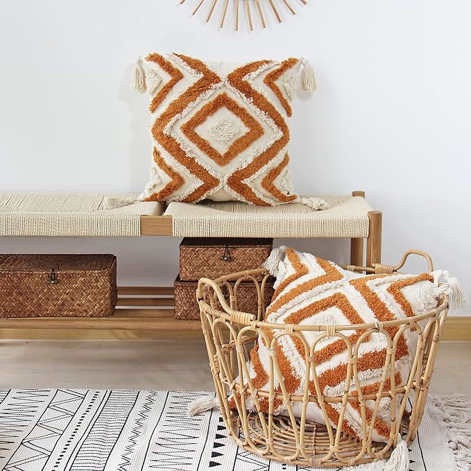 JOJUSIS Boho Throw Pillow Covers with Handmade Tassels Decorative Woven Tufted Orange Pillowcase for Couch Bedroom 20 x 20 Inch Orange B