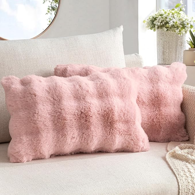 MIULEE Faux Fur Pillow Covers Thick Soft Plush Lumbar Throw Pillows Luxury Spring Valentines Day Home Decor for Couch Bed Chair Bedroom Living Room Sofa,12x20 Inch Pack of 2 Light Pink