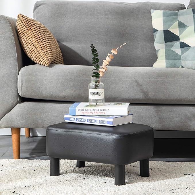 IBUYKE 16.54" Small Footstool, PU Faux Leather Step Stool, with Padded Seat Pine Wood Legs and Padded Rectangular Stool, for Bedroom, Black RF-BD210