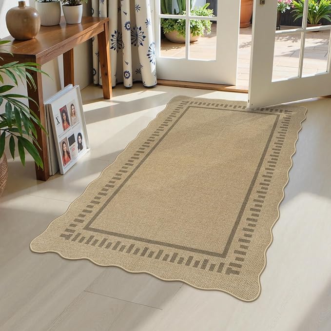 LIVEBOX Scalloped Washable 3x5 Outdoor Rug, Easy Jute Tan Rugs for Entryway Bedroom, Indoor Outdoor Non Slip Farmhouse Rugs for Patio Living Room, Geometric Carpet Front Door Mat for Porch Kitchen
