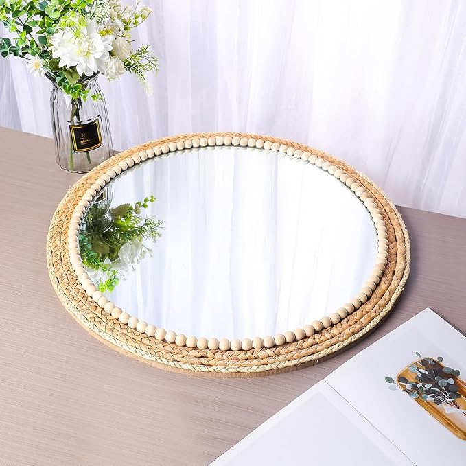 SWTHONY 21 Inch Boho Round Hanging Wall Mirror Decorative Rattan Circle Wall Mounted Mirror for Farmhouse, Living Room, Bedroom, Bathroom