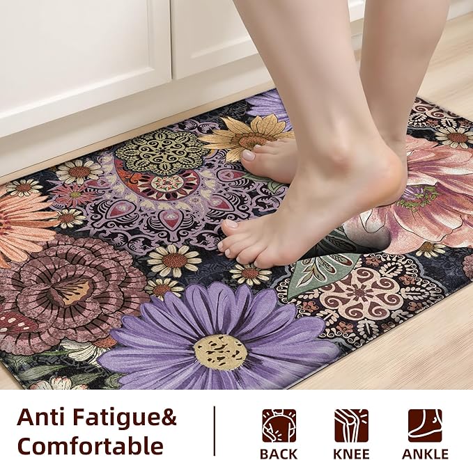 Boho Floral Kitchen Mats for Floor 2PCS Anti Fatigue Mats for Kitchen Floor Cushioned Non Slip Waterproof Memory Foam PVC Kitchen Rugs Set for Sink,Office,Laundry 17.3"x28"+17.3"x47"