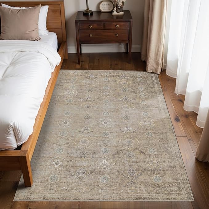 4x6 Rug for Living Room Bedroom, Beige Washable Throw Rugs, Vintage Retro Boho Area Rugs, Non Slip & Low Pile Accent Throw Carpet for Indoor Dining Room, Kids Room and Office(Beige 4x6ft)