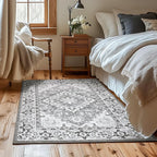 Lessymo 4 x 6 Area Rugs for Living Room- Machine Washable Area Rugs Boho Faux Wool Low Pile Area Rug for Bedroom Floral Medallion Vintage Rugs with Non-Slip Rubber, Grey Beige