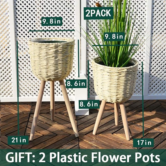 Mid-Century Modern Plant Stand，Unique Handmade Planter Stand Wood Flower Pot Holder， Indoor Plant Display Rack, Set of 2 (Beige)
