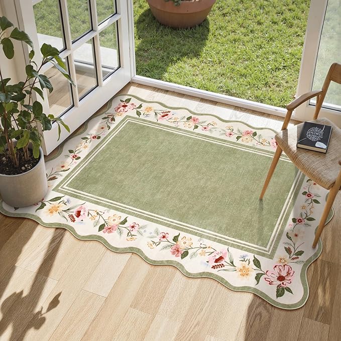 Lahome Floral 2x3 Rug, Green Kitchen Rugs Ulta-Thin Washable Indoor Mats for Entryway Non-Slip, Boho Scalloped Stain Resistant Small Throw Rugs for Bathroom Bedroom Ariele（Green）