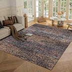 RUGSURE Washable Area Rug - 1/6" Thick Low Pile - Stain & Water Resistant Non-Slip Backing - Pet & Child Friendly Vintage Abstract Design in Multi-Tone Rust Brown, Blue & Beige (3' x 5')