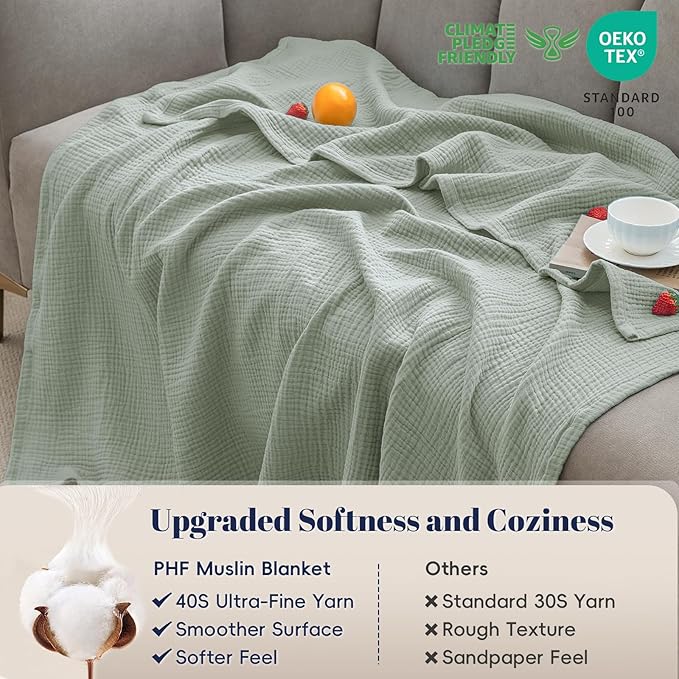PHF 100% Cotton Muslin Throw XL Blanket Large 50" x 70", 4-Layer Lightweight Gauze Throw, Breathable Cloud-Soft Minimalist Blanket for Bed, Couch, Camping & Baby, Sage Green, Ideal Gift