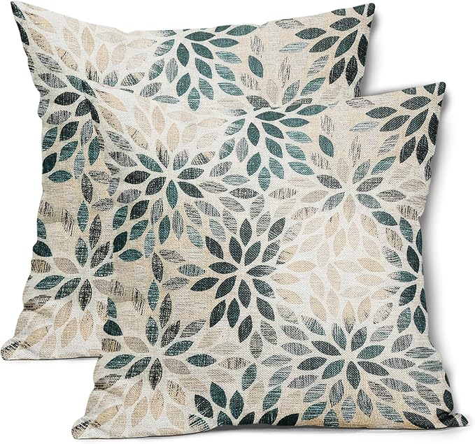 Kawani Teal Dahlia Throw Pillow Covers 16x16 Inch Turquoise Geometric Flower Decorative Square Pillow Cases Beige Tan Gray Floral Cushion Covers Farmhouse Home Decor for Sofa Couch Outdoor Set of 2