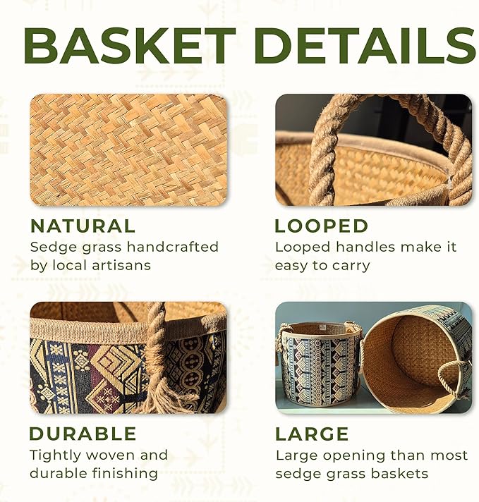 Set of 3 Handwoven Seagrass Baskets with Bohemian Brocade Cover – Decorative Wicker Storage Hampers with Handles for Laundry, Blankets & Toys – Natural Woven Baskets for Home & Bedroom Decor