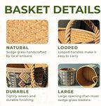 Set of 3 Handwoven Seagrass Baskets with Bohemian Brocade Cover – Decorative Wicker Storage Hampers with Handles for Laundry, Blankets & Toys – Natural Woven Baskets for Home & Bedroom Decor