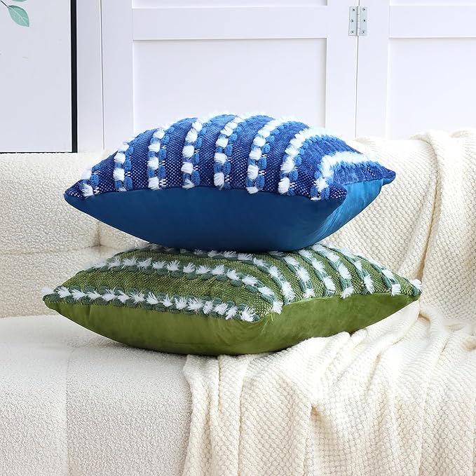 18x18 Boho Pillow Cover - Chenille Tufted Decorative Throw Pillow Cover Soft Velvet Backing, Farmhouse Striped Square Accent Pillow Case for Sofa, Couch, Bedroom, Living Room, Green White