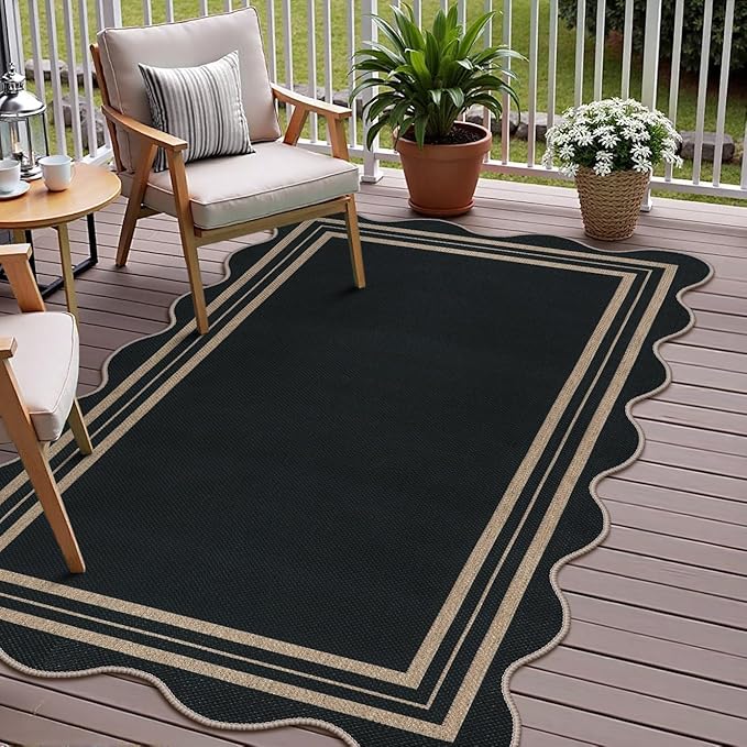 Easy Jute 3x5 Outdoor Patio Rug, Washable Rugs for Entryway Black Modern Indoor Kitchen Rugs, Farmhouse Neutral Non Slip Scalloped Carpet for Living Room Backyard