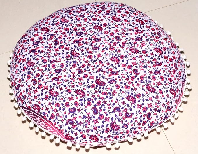 CRAFT KALA Round Mandala Meditation Cushion Cover, Floor Pillow or Cushions Cover, Yoga Seat Cover Seating Poufs Cover for Living Room 32", Pink Trishul
