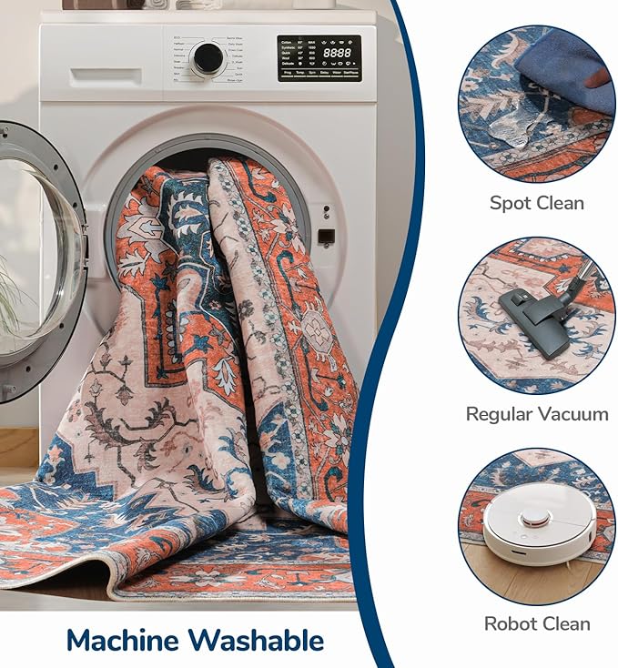 Lessymo 5x7 Area Rugs for Living Room- Machine Washable Area Rugs, Super Soft Faux-Wool Boho Bedroom Area Rug Vintage Floral Medallion Non-Slip Low Pile, Kid & Pet Friendly, Tangerine Blue
