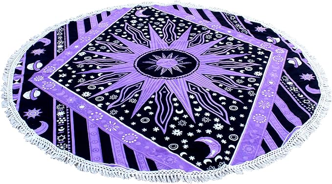 Round Beach Tapestry Turquoise Mandala Throw/Boho Hippie Beach Blanket Roundie/Indian Cotton Bohemian Large Round Table Cloth-Home Decor/Yoga Mat Meditation Picnic Rug (70", Purple)