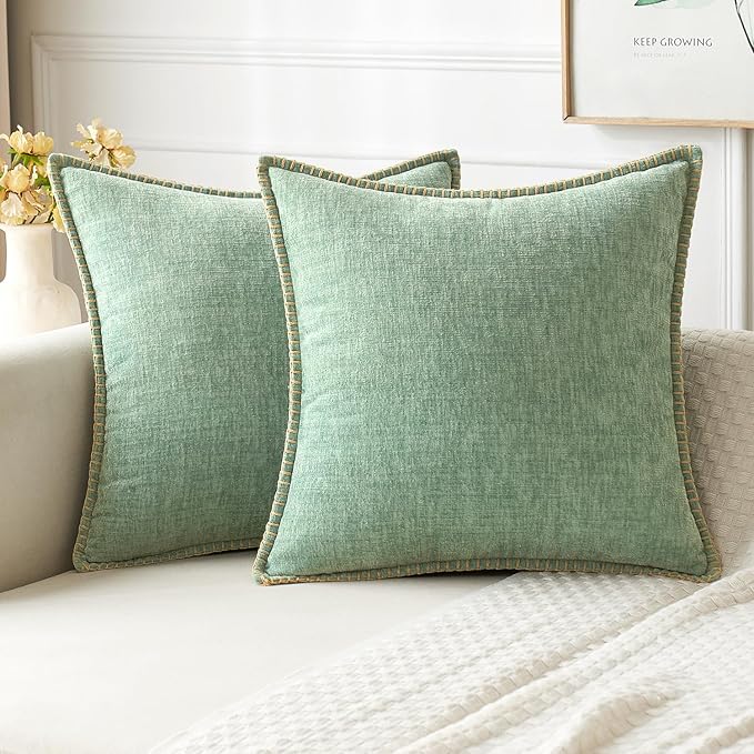 MIULEE Pack of 2 Couch Throw Pillow Covers 18x18 Inch Greyish Green Farmhouse Decorative Pillow Covers with Stitched Edge Soft Chenille Solid Dyed Spring Pillow Covers for Sofa Bed Living Room