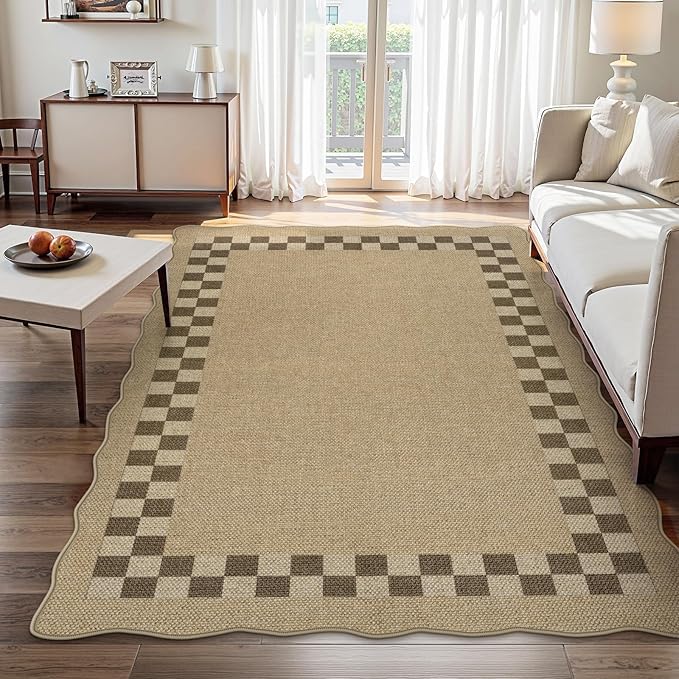 LIVEBOX Easy Jute Checkered Outdoor 5x7 Rug for Living Room, Scalloped Washable Rugs for Bedroom, Indoor Outdoor Non-Slip Rug Tan Farmhouse Dining Room Mat Modern Carpet Area Rug for Patio Office