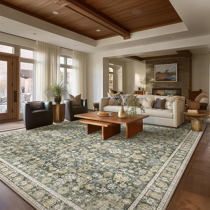 Washable Rugs for Living Room: 9x12 Area Rugs for Bedroom Ultral Soft Non-Slip Stain Resistant Vintage Boho Large Carpet for High-Traffic Dining Room - Farmhouse Decor