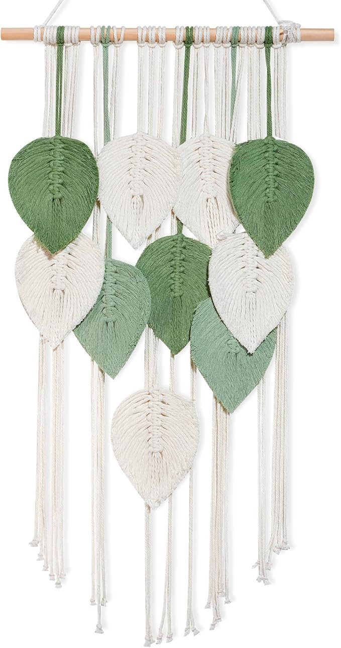 NYEONHRT Macrame Wall Hanging Boho Leaf and Feather Tapestry Handmade Woven Wall Art for Living Room Bedroom Nursery Decor 16x31 Inch (White green)