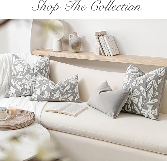 BlissBlush 14x36 Lumbar Pillow Cover for Bed, Light Gray Rectangular Long Throw Pillowcase, Embroidered Velvet Floral Tufted Farmhouse Accent Cushion (Cover Only)