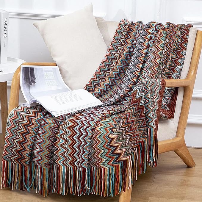 Bohemian Boho Throw Blankets, Knitted with Tassel, Outdoor Reversible Soft Cozy Lightweight Throw Blankets, Couch Bed Sofa Decorative Afghan Throw Blanket All Seasons Red 50x60 inches