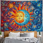 Sun and Moon Tapestry Boho Hippie Orange Red Blue Floral Tapestry for Bedroom Aesthetic Abstract Plant Flowers Stars Small Tapestries Wall Hanging for Living Room Dorm 90 x 68 Inch