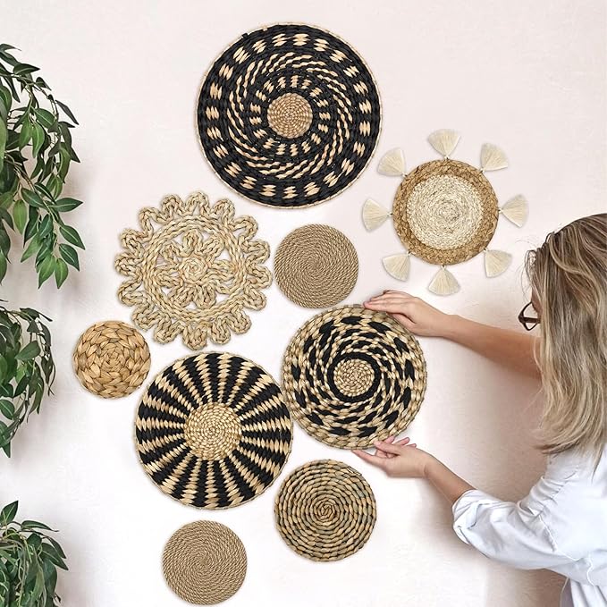LOMOHOO Set of 9 Boho Wall Basket Decor Wicker Woven Wall Basket Decorations Bohemian Handcrafted Round Basket Hanging decor Bulrush Wall Art Decors for Living Room Rustic Home