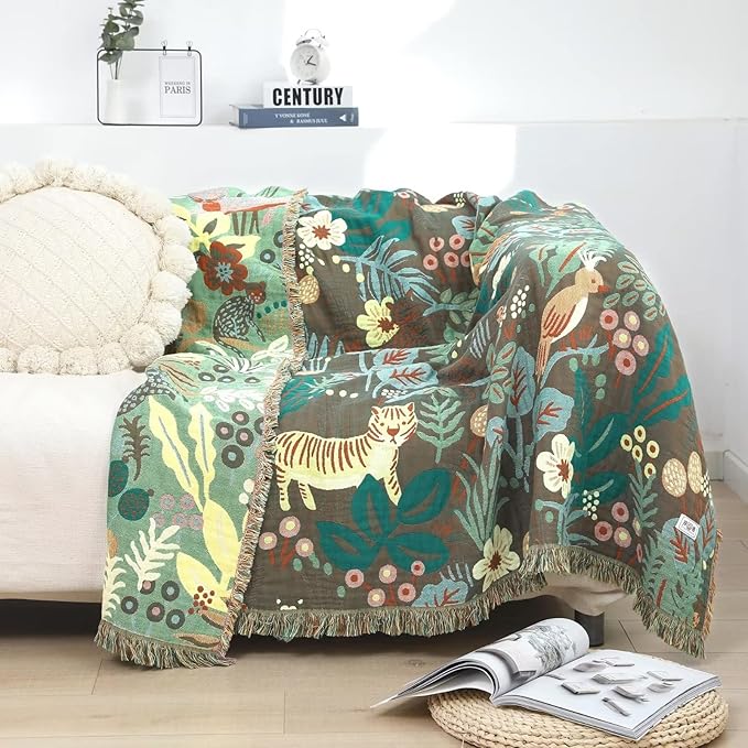 Boho Throw Blanket for Bed 100% Cotton Soft Lightweight Quilt Blanket Twin Forest Tiger Embroidery Home Decor Breathable Spring Bed Blankets,60"x80" All Season Throw for Sofa Couch Chair
