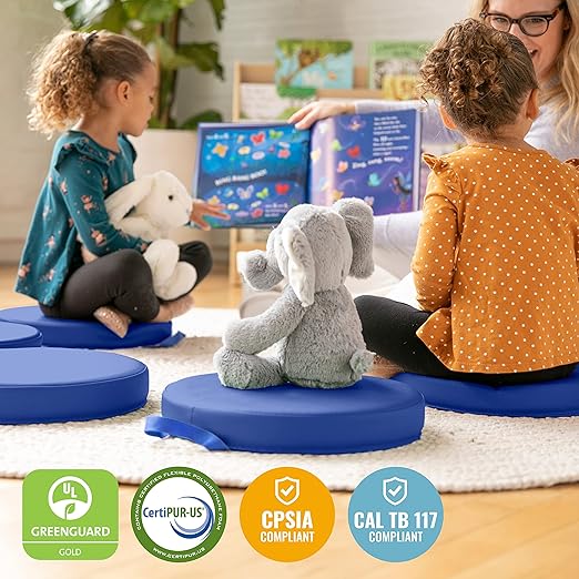ECR4Kids SoftZone Floor Cushions, Round, Flexible Seating, Blue, 6-Piece