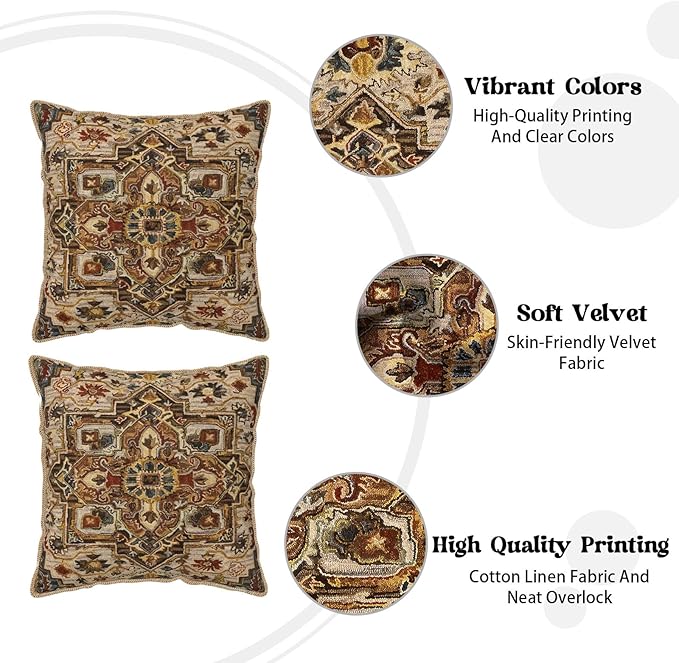 KSLIDS Boho Brown Soft Velvet Throw Pillow Covers Set of 2 Vintage Bohemian Rug Carpet Decorative Pillow Covers 18x18 Inch Antique Ethnic Pillow Case for Sofa Couch Living Room Home Decor