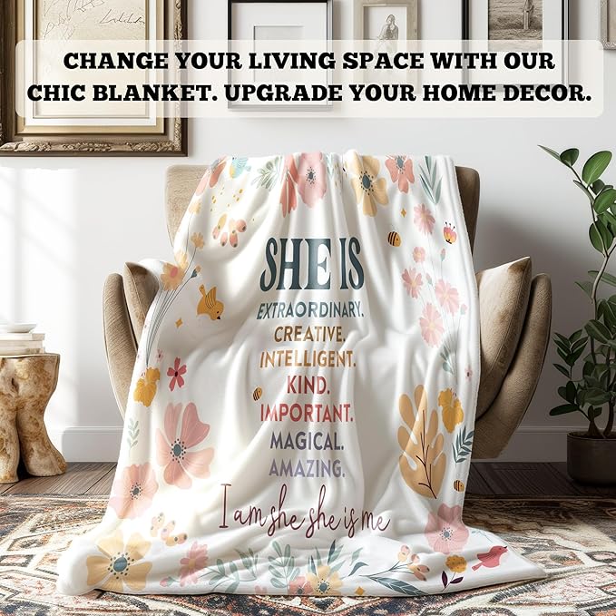 Inspirational Gifts for Women, Boho Inspirational Blanket, Birthday Gifts for Women Sister Grandma, Flower Motivational Positive Throw Blankets for Girly Room Bedroom Home Decor, 50x60 in