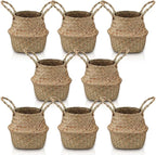 Qunclay 8 Pcs Woven Seagrass Baskets Belly Basket Folding Boho Natural Plant Pot with Handles Round Decorative Wicker Large Indoor Planter for Home Outdoor Tree Planters Decor (XXS,6.3''dx5.5''h)