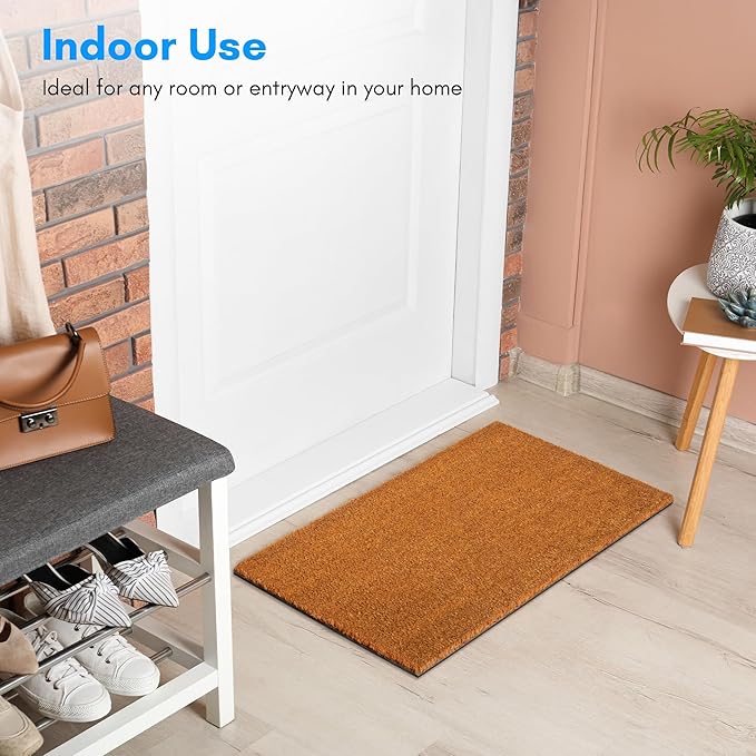 PLUS Haven 17.5x30 Door Mat with Heavy-Duty Backing - Coco Coir Doormat for Outdoor or Indoor Uses - Non-Slip Welcome Mats for Entryway or Porch - Easy to Clean Front Door Mat - Natural Brown