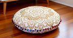 CRAFT KALA 22" Floor Pillows Cover for Sitting, Large Meditation Cushions Cover for Adults, Bohemian Mandala Round Pouf Seating Ottoman Cover for Outdoor Yoga and Living Room (White Gold Flower)
