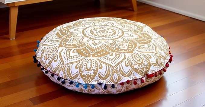 CRAFT KALA 22" Floor Pillows Cover for Sitting, Large Meditation Cushions Cover for Adults, Bohemian Mandala Round Pouf Seating Ottoman Cover for Outdoor Yoga and Living Room (White Gold Flower)